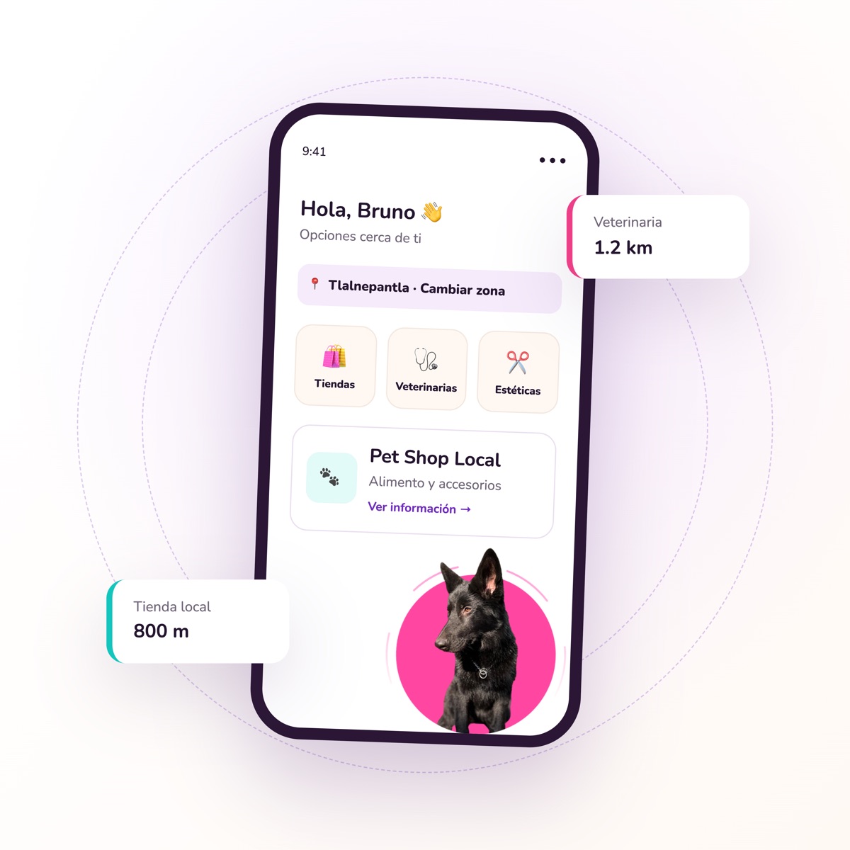 App Zona Pet mostrando tiendas, veterinarias y estéticas cerca de ti